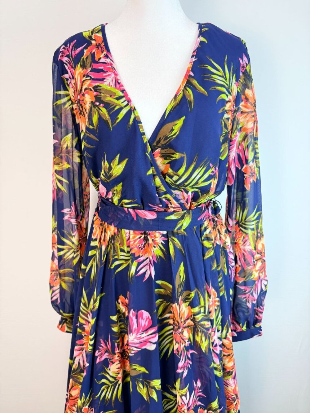Renn Womens XL Tropical Floral Maxi Dress Blue Long Sleeve Belted NWT - Picture 7 of 16